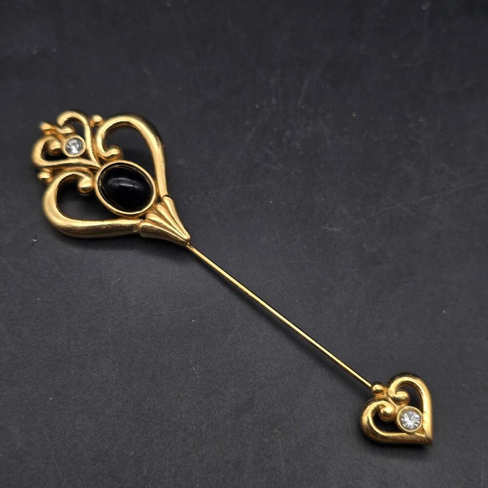 Avon Gold Tone Stick Pin Hat Pin Heart Shape Black Rhinestone Vintage Jewelry
